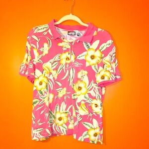 Caribbean Joe Tropical Floral Polo Style Golf Shirt Pink/Yellow/Tan Size Large